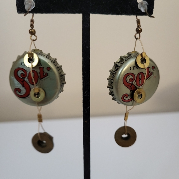 Mixed Metal Upcycled Hand Crafted Sol Cerveza Beer Bottle Cap Pierced Earrings - Picture 5 of 16